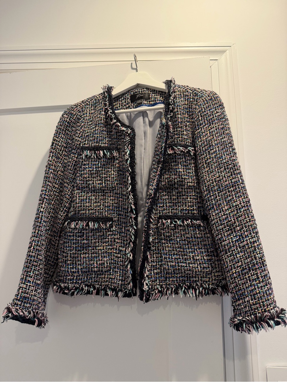 J. Crew Multicolor Tweed Frayed Edge Open Blazer